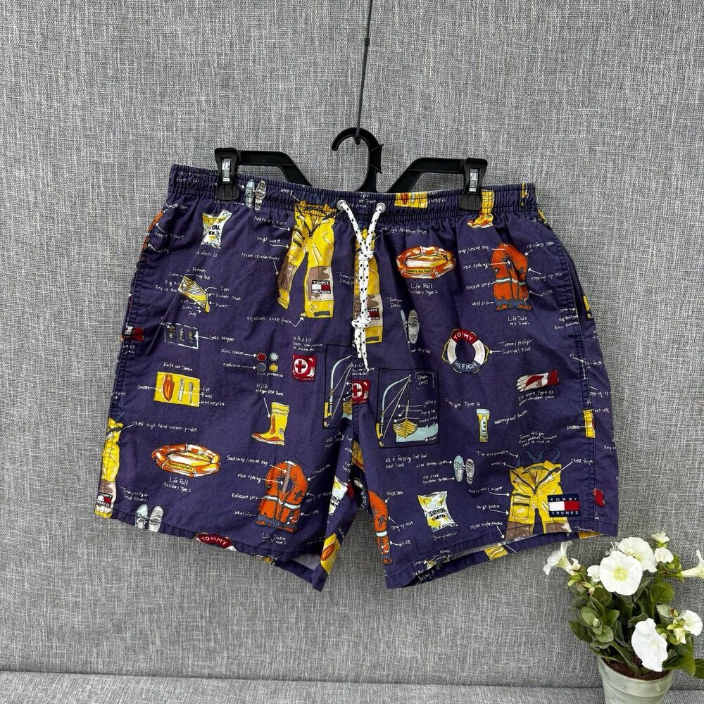 Vintage 90s Tommy Hilfiger Navy Sailing Novelty Print Board Shorts Swim Trunks L